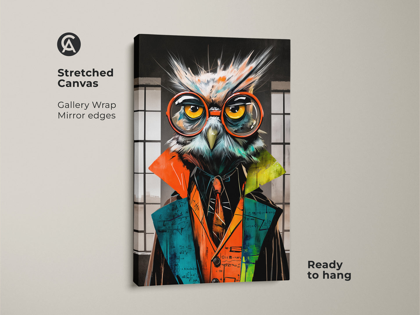 A stretched canvas of a surreal owl professor. This gallery wrap features mirror edges and is ready to hang. The math owl wall art is perfect for a study room. The canvas showcases vibrant colors and intricate details.