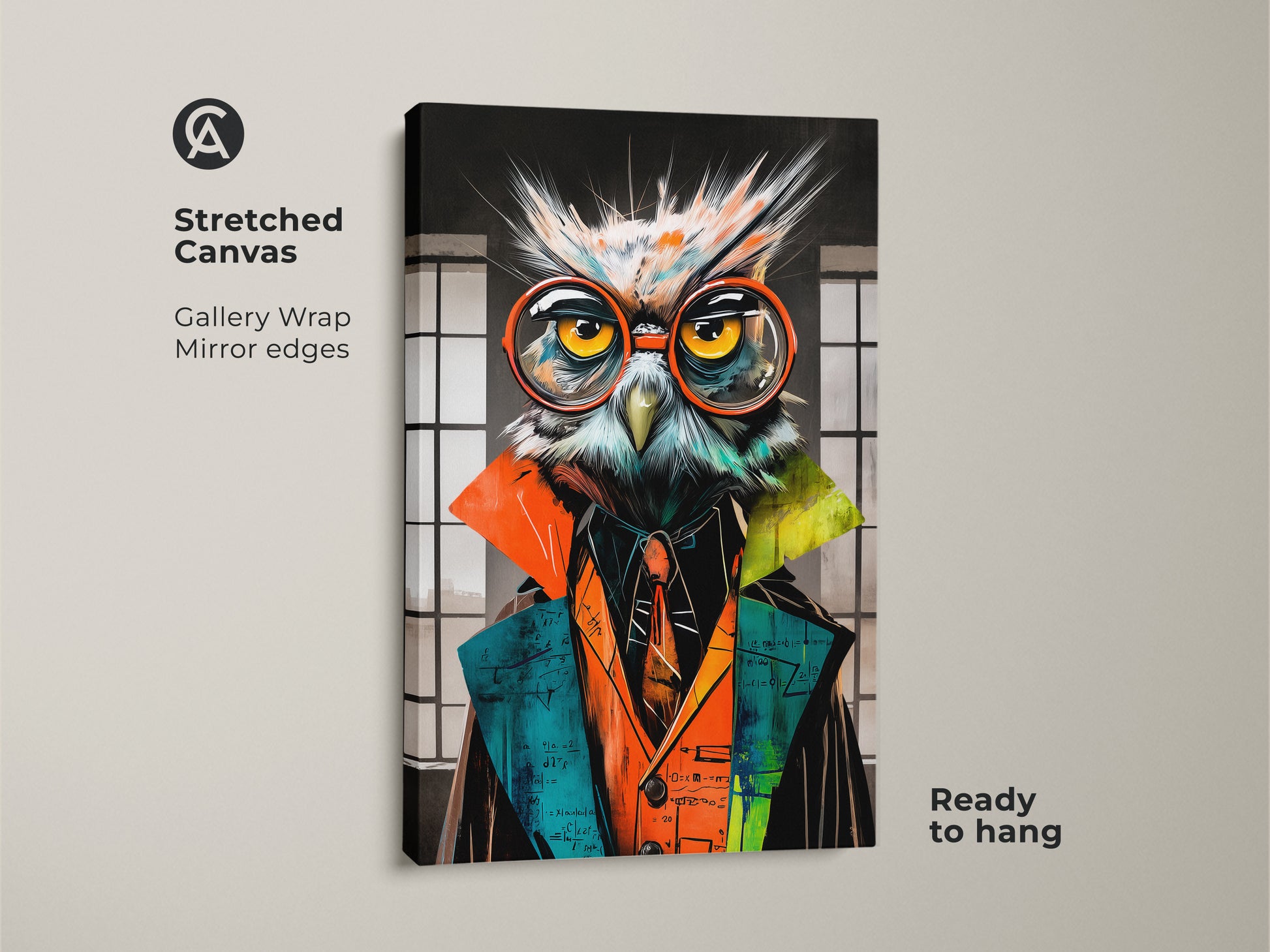 A stretched canvas of a surreal owl professor. This gallery wrap features mirror edges and is ready to hang. The math owl wall art is perfect for a study room. The canvas showcases vibrant colors and intricate details.