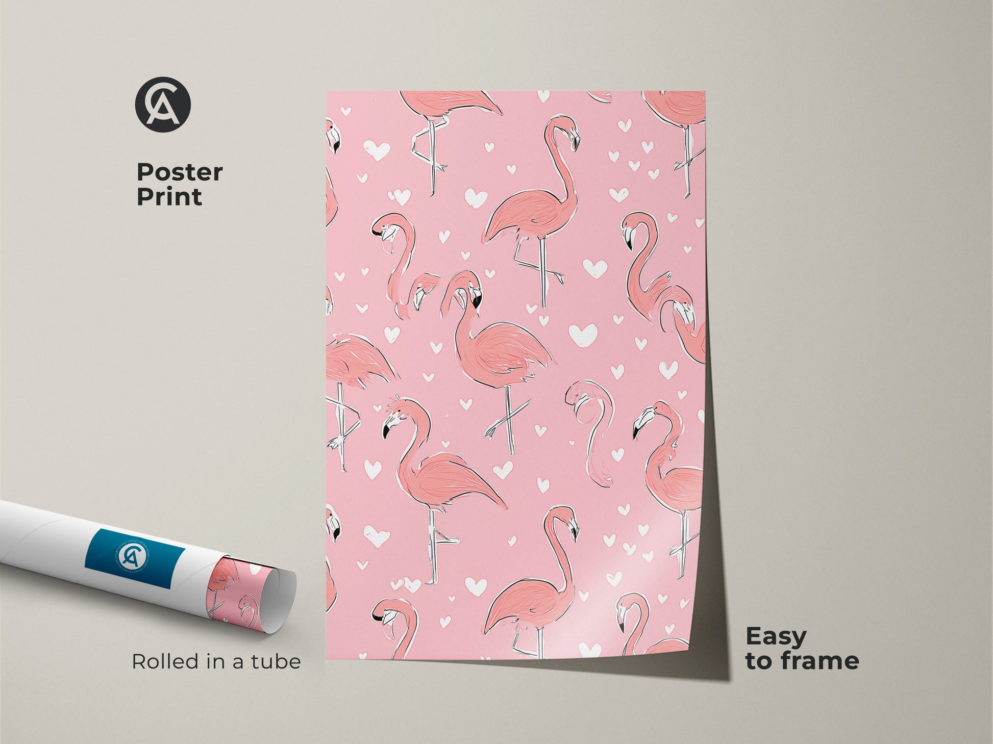 Poster print of a coral pink flamingo pattern rolled in a tube. This boho chic artwork is easy to frame. Cute animal artwork gift for flamingo lovers is a great idea. Perfect for adding a playful yet stylish accent to any room.