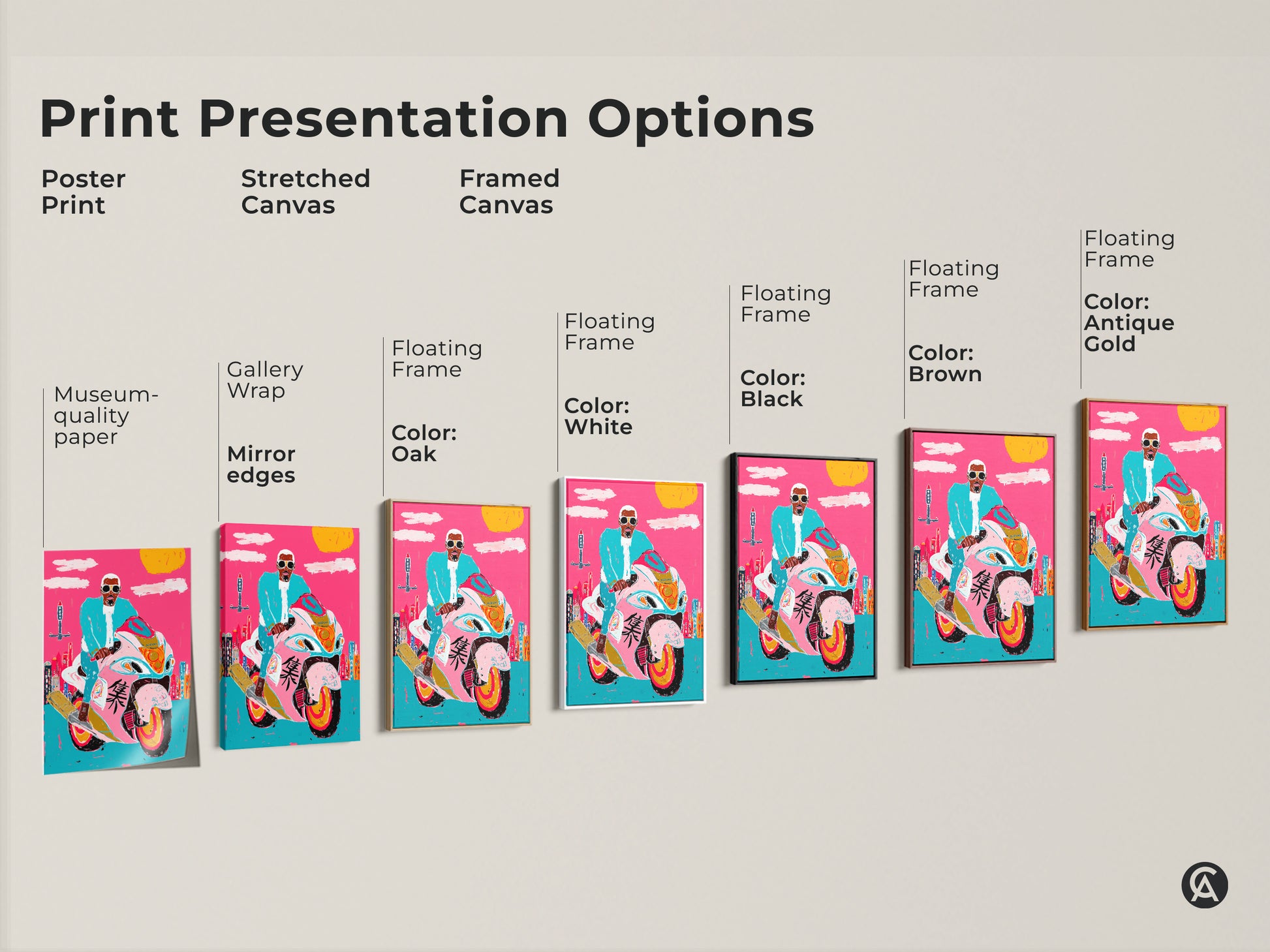 Print presentation options showing poster prints stretched canvases and framed canvases. Options include black brown antique gold and white frames. Each features a graffiti style motorcycle rider in a hot pink and turquoise cityscape pop art canvas.