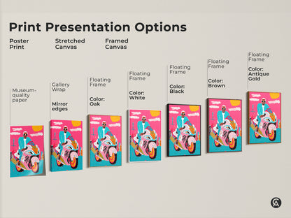 Print presentation options showing poster prints stretched canvases and framed canvases. Options include black brown antique gold and white frames. Each features a graffiti style motorcycle rider in a hot pink and turquoise cityscape pop art canvas.