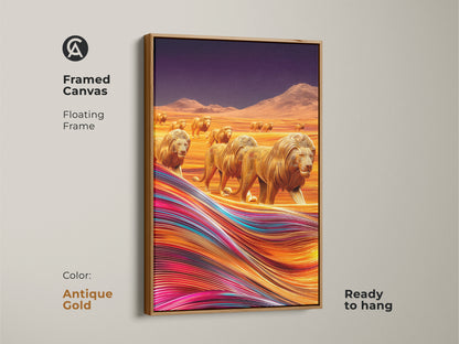Framed canvas print displays golden lions walking through a colorful desert landscape in an antique gold floating frame. This contemporary artwork is ready to hang. Perfect modern wildlife decor for any room. This abstract savanna art is a must-have.