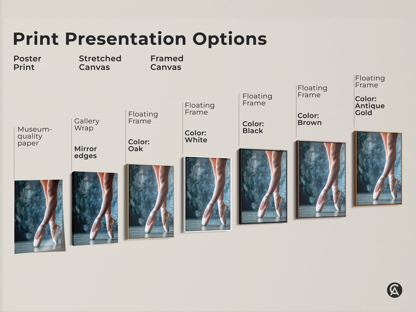 Print presentation options featuring ballet shoes art. Choose from poster print stretched canvas or framed canvas. Available with various floating frame colors. Find the perfect style for your space.