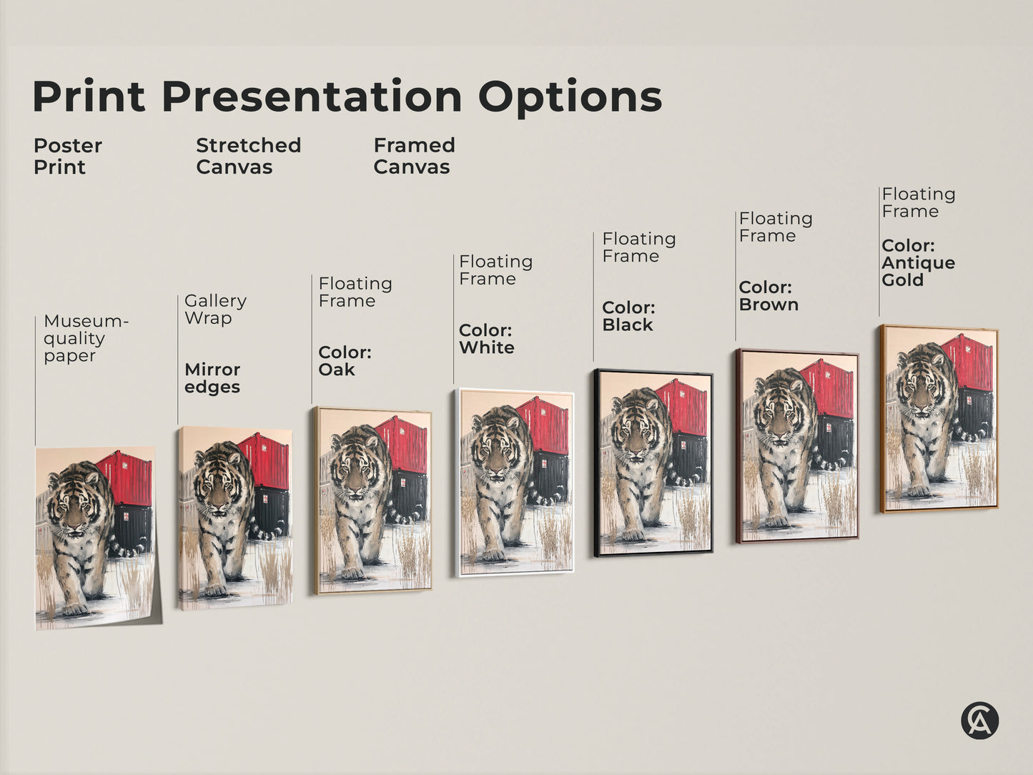 Explore the different print presentation options for the tiger artwork. Choose from a poster print stretched canvas or framed canvas. Customize with floating frame colors like black brown white or antique gold.