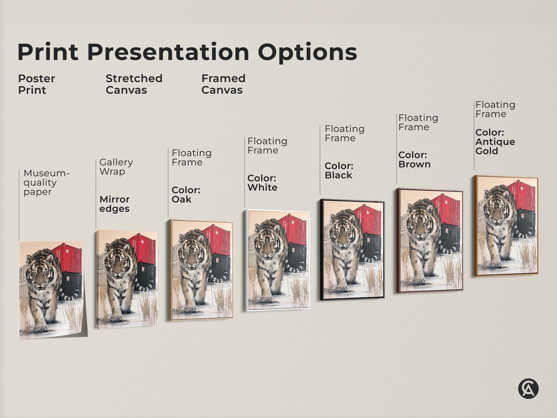 Explore the different print presentation options for the tiger artwork. Choose from a poster print stretched canvas or framed canvas. Customize with floating frame colors like black brown white or antique gold.