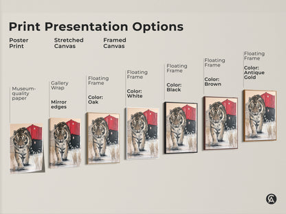 Explore the different print presentation options for the tiger artwork. Choose from a poster print stretched canvas or framed canvas. Customize with floating frame colors like black brown white or antique gold.