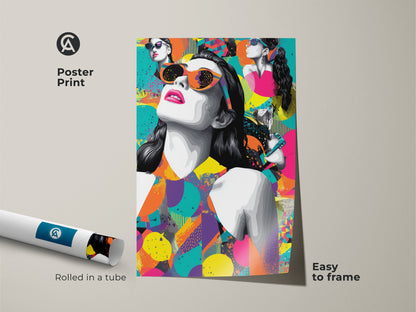 Poster print of a pop art woman with retro sunglasses. The artwork is an eclectic abstract. The magenta orange and teal colors add a vibrant touch. It's rolled in a tube and easy to frame.