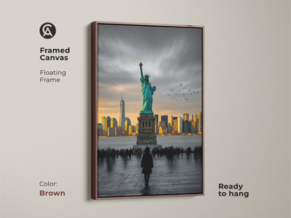 A framed canvas displays the Statue of Liberty with a floating brown frame. Contemporary turquoise and gold colors bring the NYC skyline to life. Ready to hang this artwork complements modern decor. This cityscape photography is a thoughtful housewarming gift. The travel wall art elevates any space.