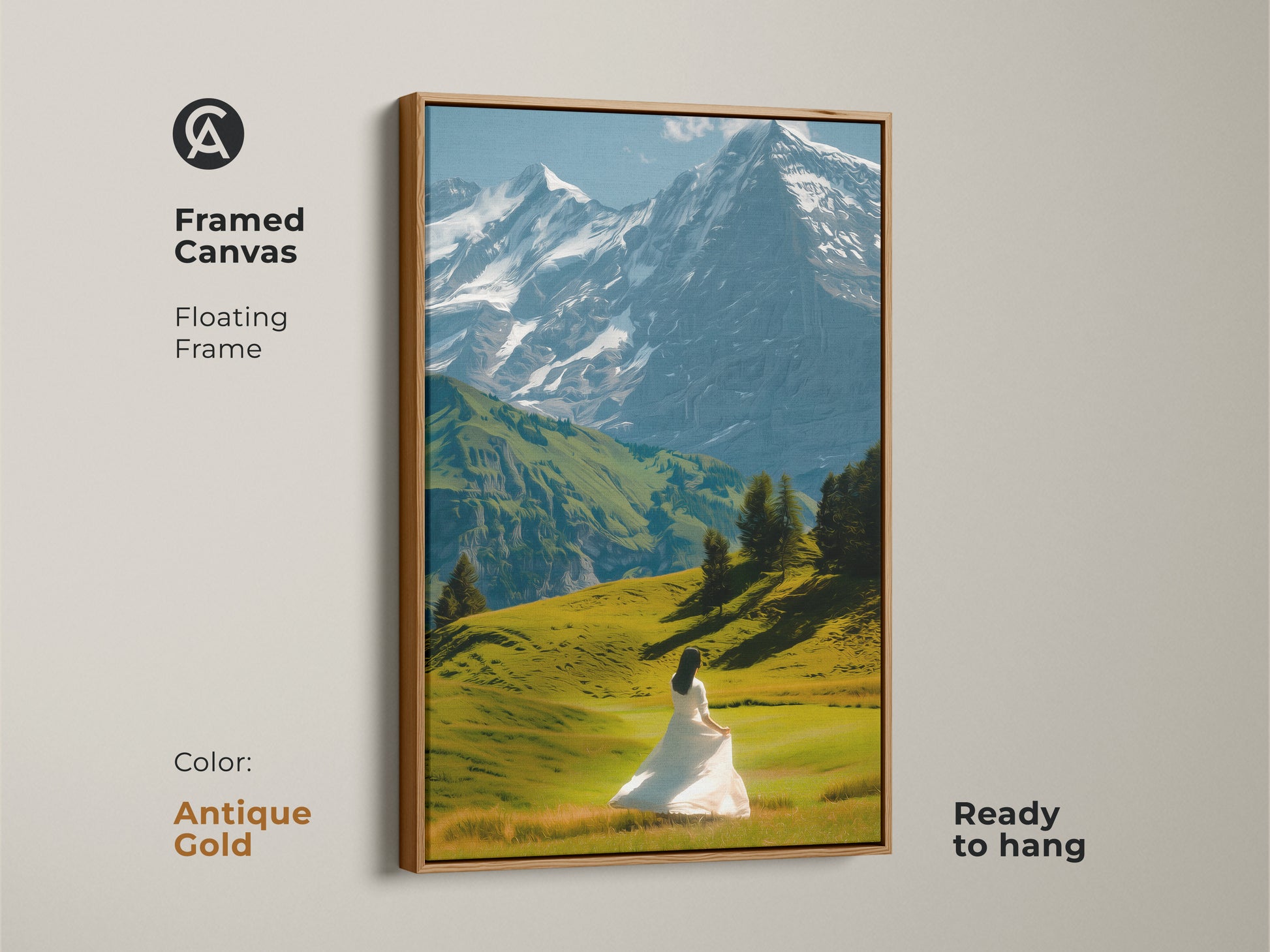 This canvas art print displays a mountain landscape with snowy peaks and a woman in a white dress. This framed canvas has a floating frame with an antique gold color. This wall art is ready to hang. A perfect piece for modern living room art enhancing contemporary bedroom decor.