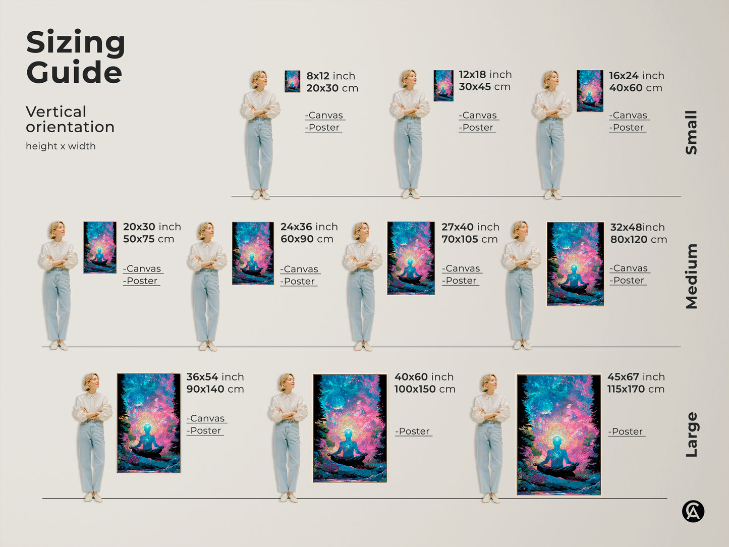 Sizing guide for meditative figure artwork. Vertical orientation height and width options available. Choose from canvas or poster prints in small medium and large sizes. Find the perfect fit for your space. Transform your home with spiritual art.