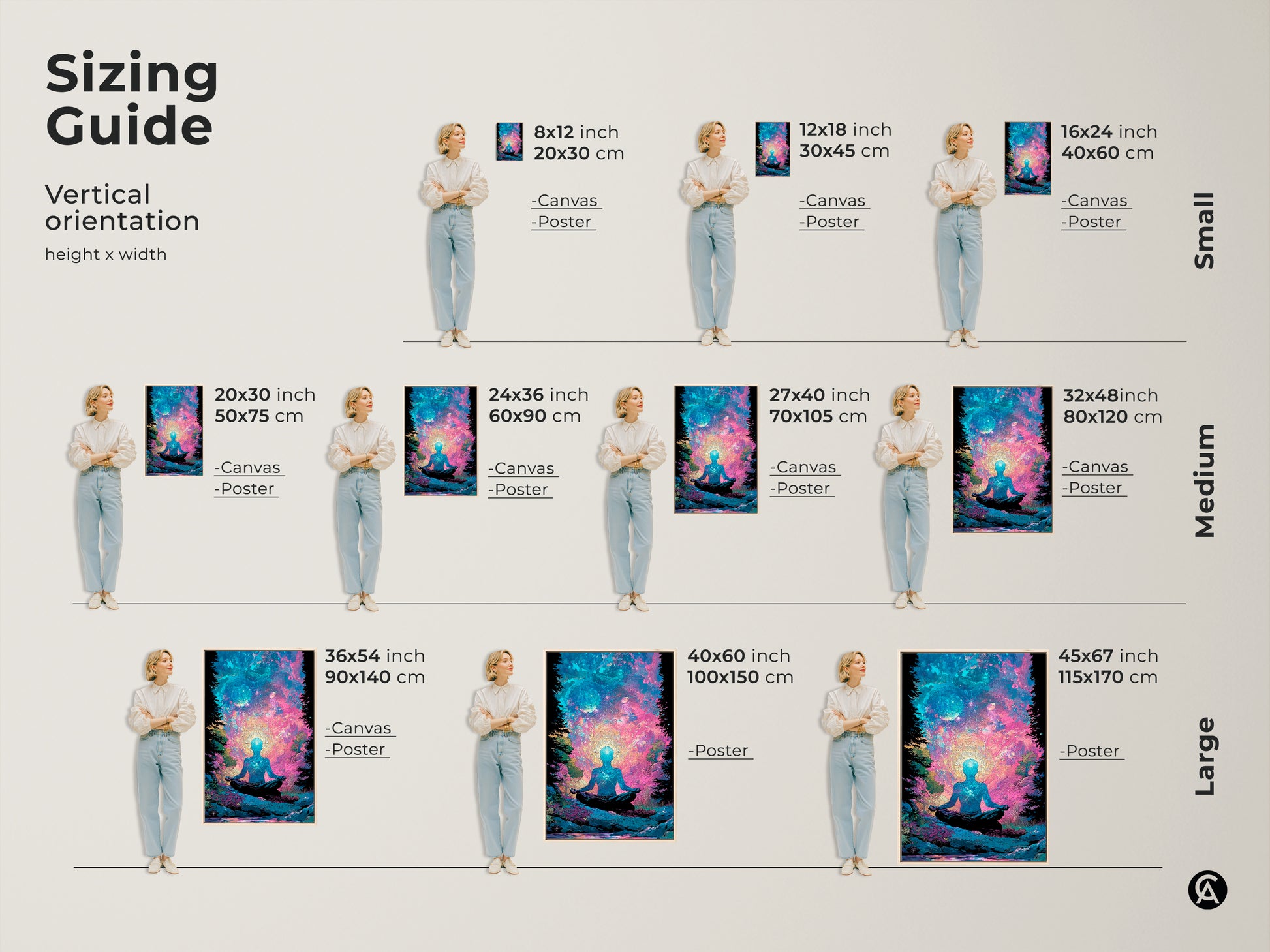 Sizing guide for meditative figure artwork. Vertical orientation height and width options available. Choose from canvas or poster prints in small medium and large sizes. Find the perfect fit for your space. Transform your home with spiritual art.