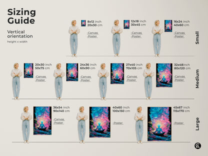 Sizing guide for meditative figure artwork. Vertical orientation height and width options available. Choose from canvas or poster prints in small medium and large sizes. Find the perfect fit for your space. Transform your home with spiritual art.