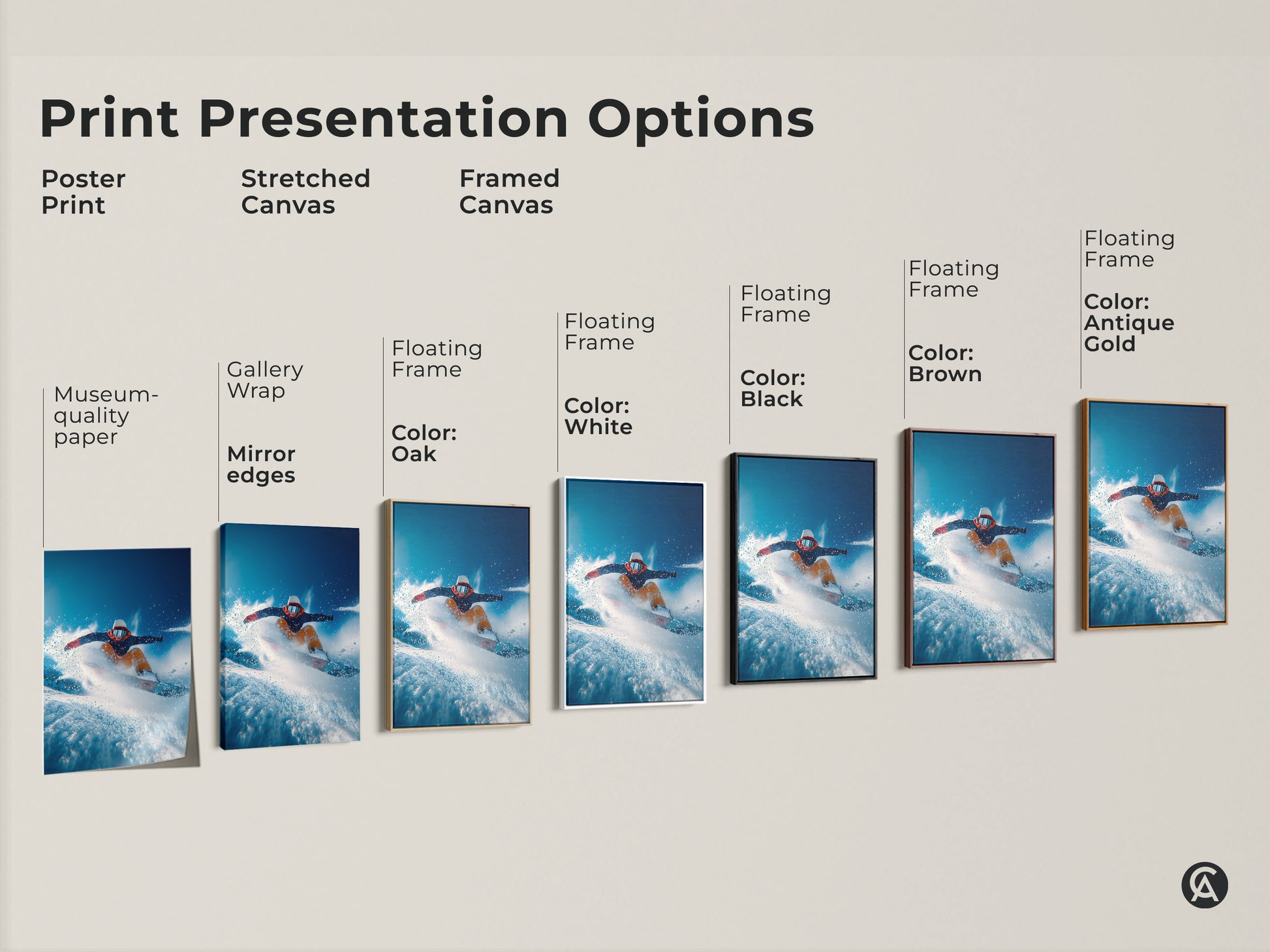 Explore print presentation options for snowboarder artwork. Choose from poster prints stretched canvas or framed canvas. Options include gallery wrap floating frames and various colors. Find the perfect style.