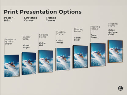 Explore print presentation options for snowboarder artwork. Choose from poster prints stretched canvas or framed canvas. Options include gallery wrap floating frames and various colors. Find the perfect style.