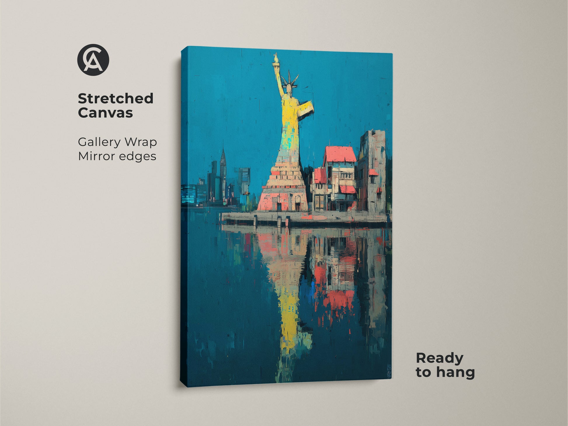 Gallery wrapped Statue of Liberty canvas art. This abstract cityscape art print showcases a yellow blue and teal NYC skyline. The artwork comes ready to hang. This iconic landmark canvas enhances any modern space. It is perfect as New York skyline wall decor.