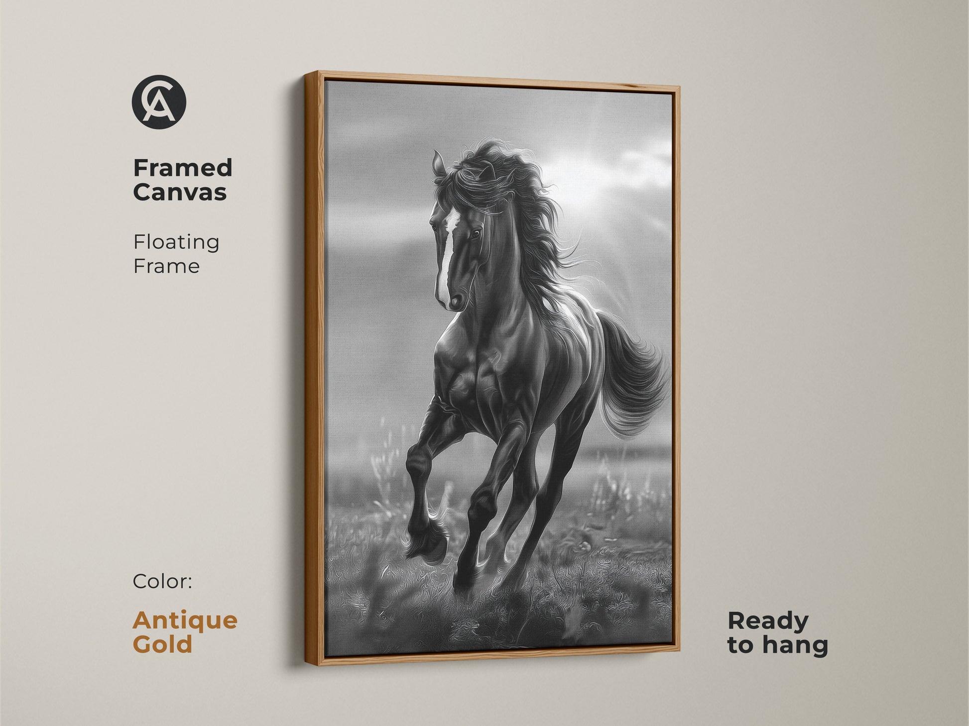 A framed canvas featuring a black and white horse in motion. The horse artwork is ready to hang. It features an antique gold floating frame. This elegant piece of animal art adds a sophisticated touch to your wall decor.