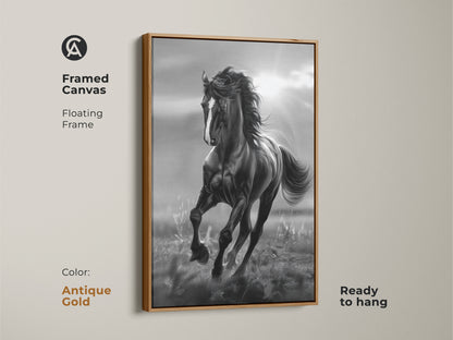 A framed canvas featuring a black and white horse in motion. The horse artwork is ready to hang. It features an antique gold floating frame. This elegant piece of animal art adds a sophisticated touch to your wall decor.