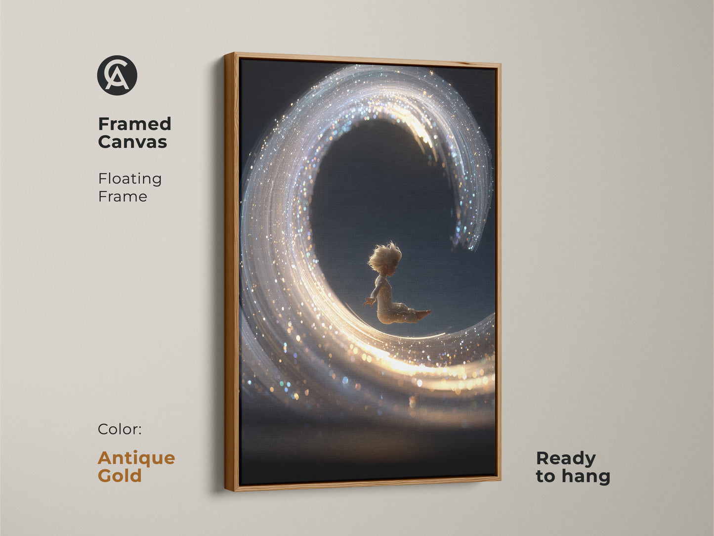 Framed Canvas Print featuring a child riding a shimmering gold light wave. The antique gold floating frame adds a touch of vintage charm. Ready to hang this artwork brings fantasy to your home. Perfect for bedrooms or living rooms this canvas is a unique gift. Add a touch of magic today.