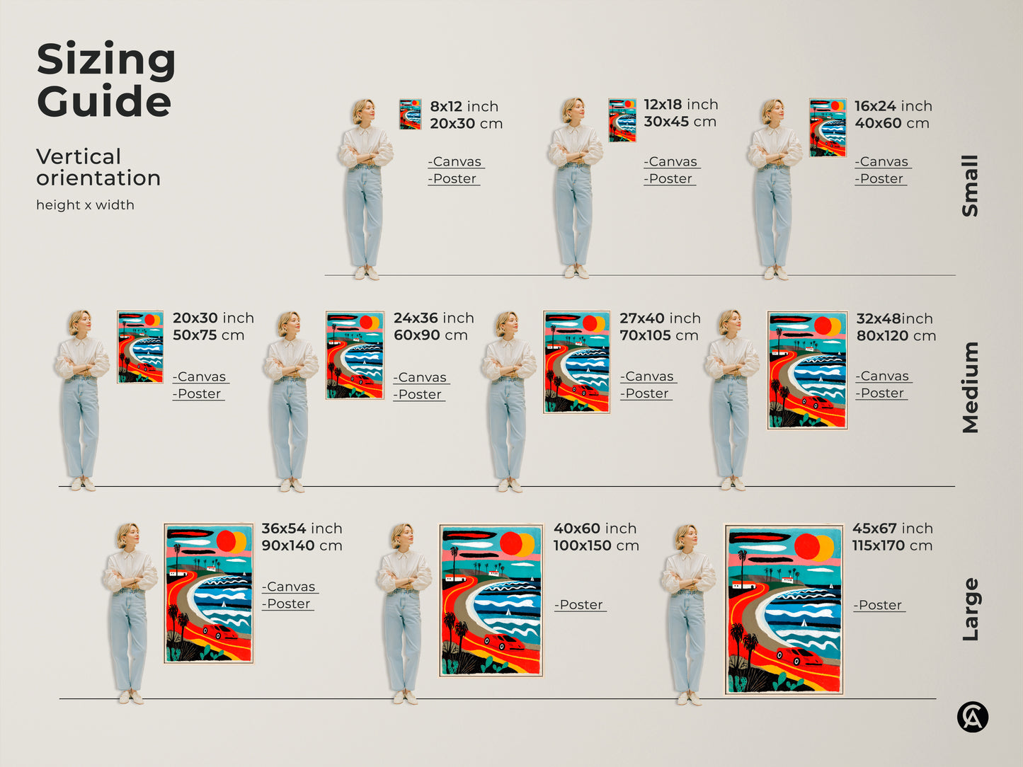 Sizing guide displays a retro coastal road trip art print in various sizes. Canvas and poster options are shown with a vintage car along a palm-lined ocean road. Mid-century modern landscape art for car and travel enthusiasts. Find the ideal fit.