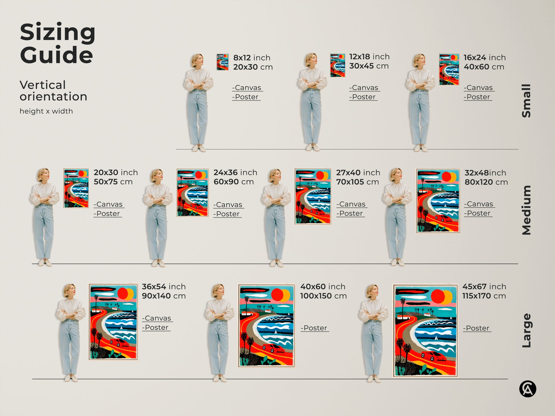 Sizing guide displays a retro coastal road trip art print in various sizes. Canvas and poster options are shown with a vintage car along a palm-lined ocean road. Mid-century modern landscape art for car and travel enthusiasts. Find the ideal fit.