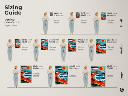 Sizing guide displays a retro coastal road trip art print in various sizes. Canvas and poster options are shown with a vintage car along a palm-lined ocean road. Mid-century modern landscape art for car and travel enthusiasts. Find the ideal fit.