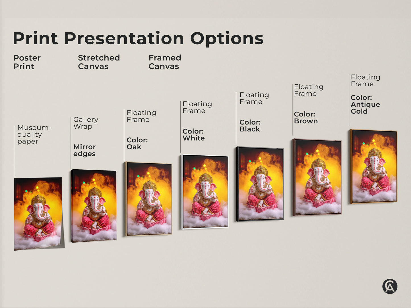Print presentation options for Pink Gold Ganesha artwork. Choose from poster print stretched canvas and framed canvas. Various floating frame colors are available. This spiritual lotus art suits any decor style. Find the perfect Hindu mythology canvas for your space. Eclectic wall art for your home.