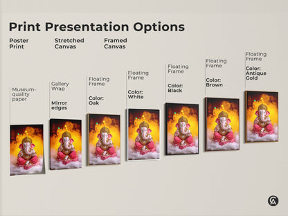 Print presentation options for Pink Gold Ganesha artwork. Choose from poster print stretched canvas and framed canvas. Various floating frame colors are available. This spiritual lotus art suits any decor style. Find the perfect Hindu mythology canvas for your space. Eclectic wall art for your home.