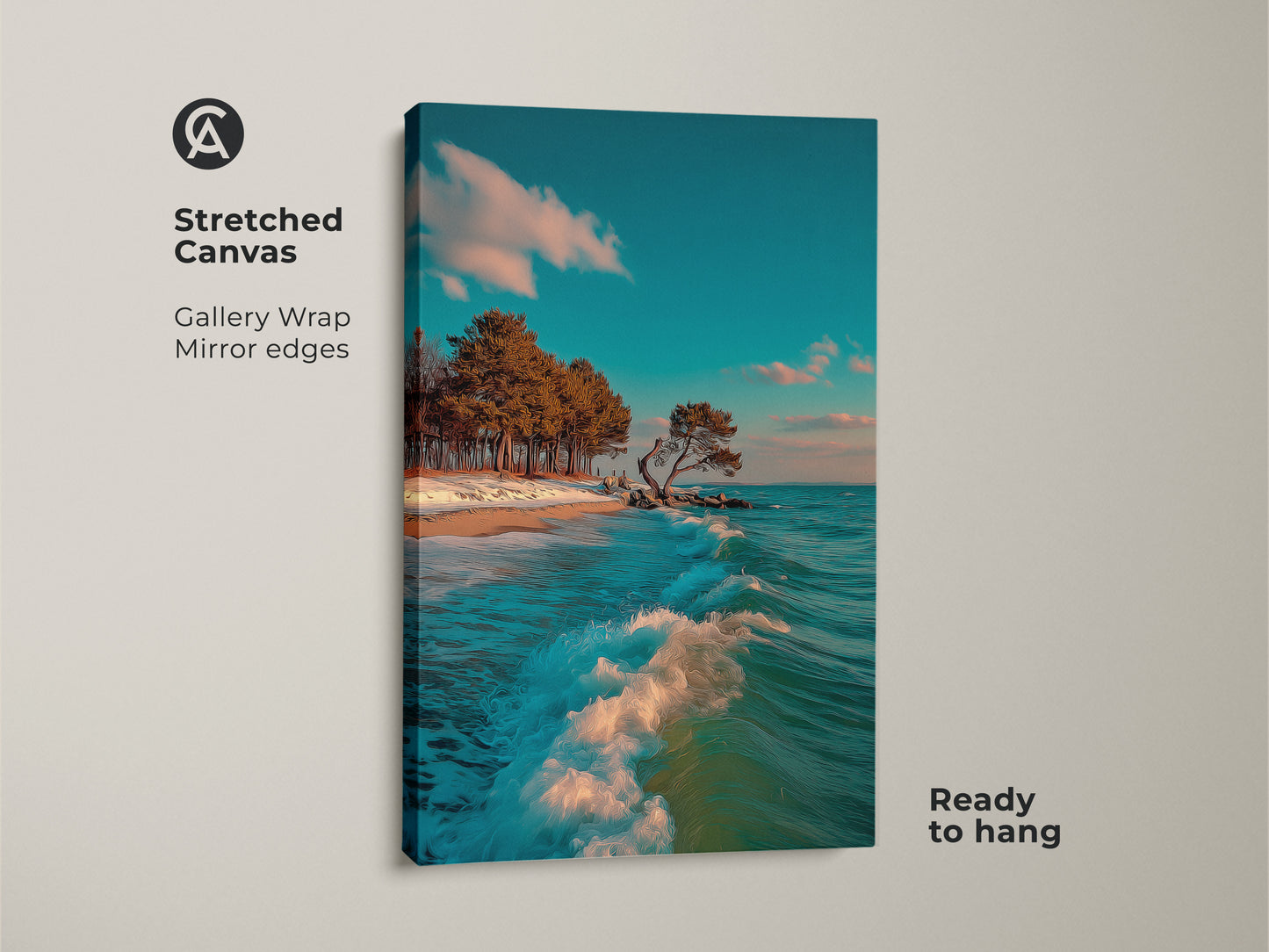 This Stretched Canvas shows an ocean wave crashing on a beach. Coastal trees stand beneath a teal sky. This gallery-wrapped artwork has mirrored edges and is ready to hang. It adds seaside calm to any room. It is perfect for coastal and nature-themed decor.
