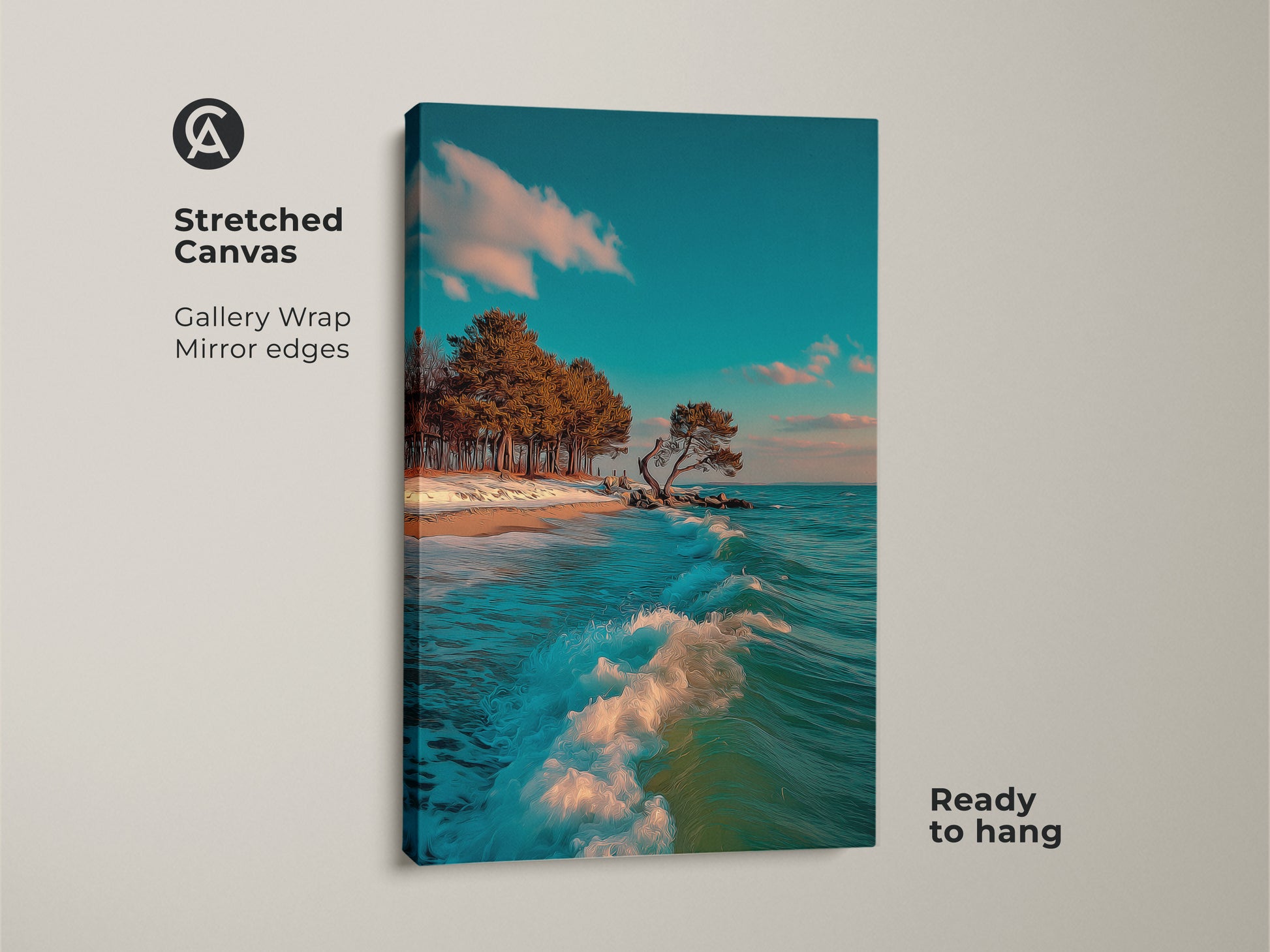 This Stretched Canvas shows an ocean wave crashing on a beach. Coastal trees stand beneath a teal sky. This gallery-wrapped artwork has mirrored edges and is ready to hang. It adds seaside calm to any room. It is perfect for coastal and nature-themed decor.