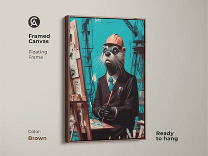 Brown framed canvas print of a surreal otter. It’s an artist with construction cranes in the background. This teal brown animal wall art is ready to hang. A unique gift for an art lover.