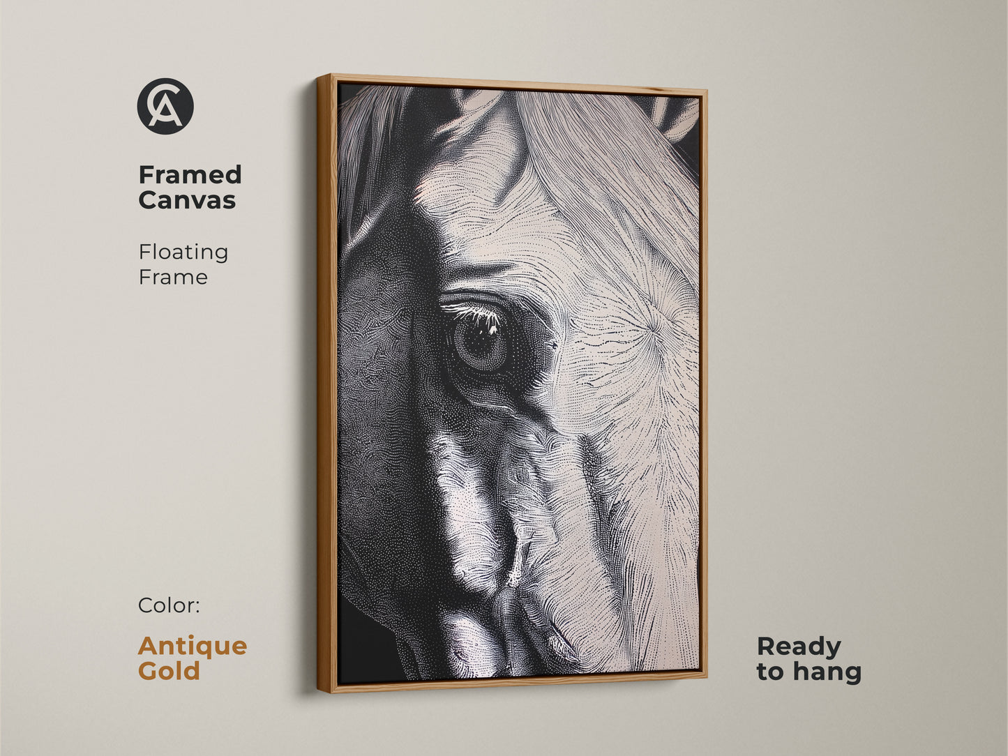 A framed canvas showcases close-up horse eye art. The antique gold frame enhances the stippling horse artwork. The black and white horse art adds a touch of sophistication. Ready to hang and perfect for modern animal wall decor.