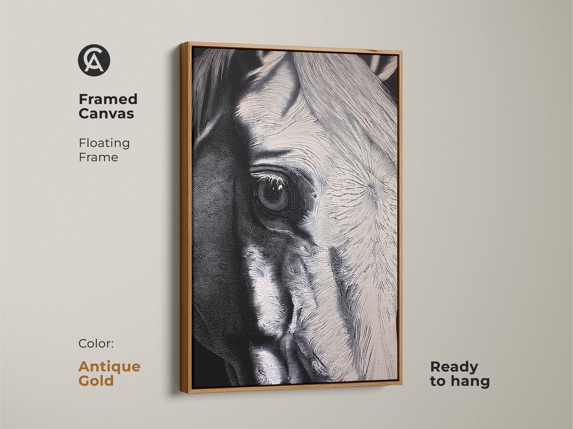 A framed canvas showcases close-up horse eye art. The antique gold frame enhances the stippling horse artwork. The black and white horse art adds a touch of sophistication. Ready to hang and perfect for modern animal wall decor.