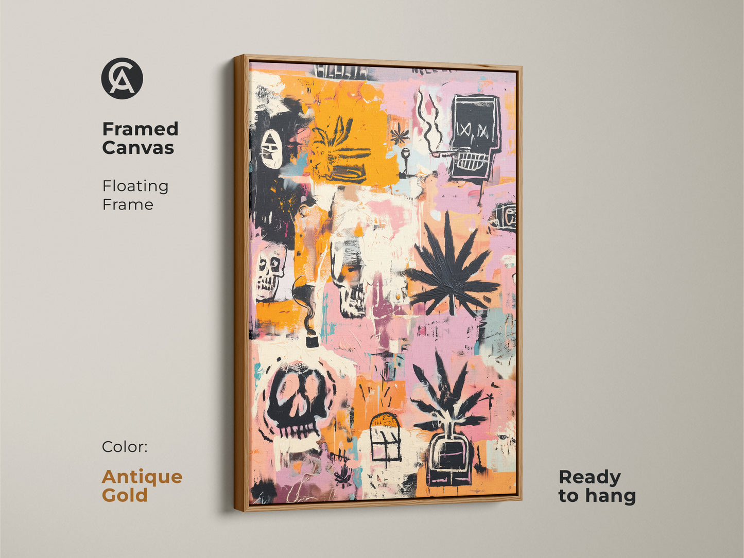 Framed canvas art in an antique gold floating frame. The artwork features skulls and cannabis leaves. Ready to hang. This graffiti-style art adds a modern touch. Perfect for art enthusiasts. Elevate your home decor with this unique framed print.