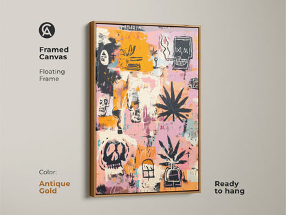Framed canvas art in an antique gold floating frame. The artwork features skulls and cannabis leaves. Ready to hang. This graffiti-style art adds a modern touch. Perfect for art enthusiasts. Elevate your home decor with this unique framed print.
