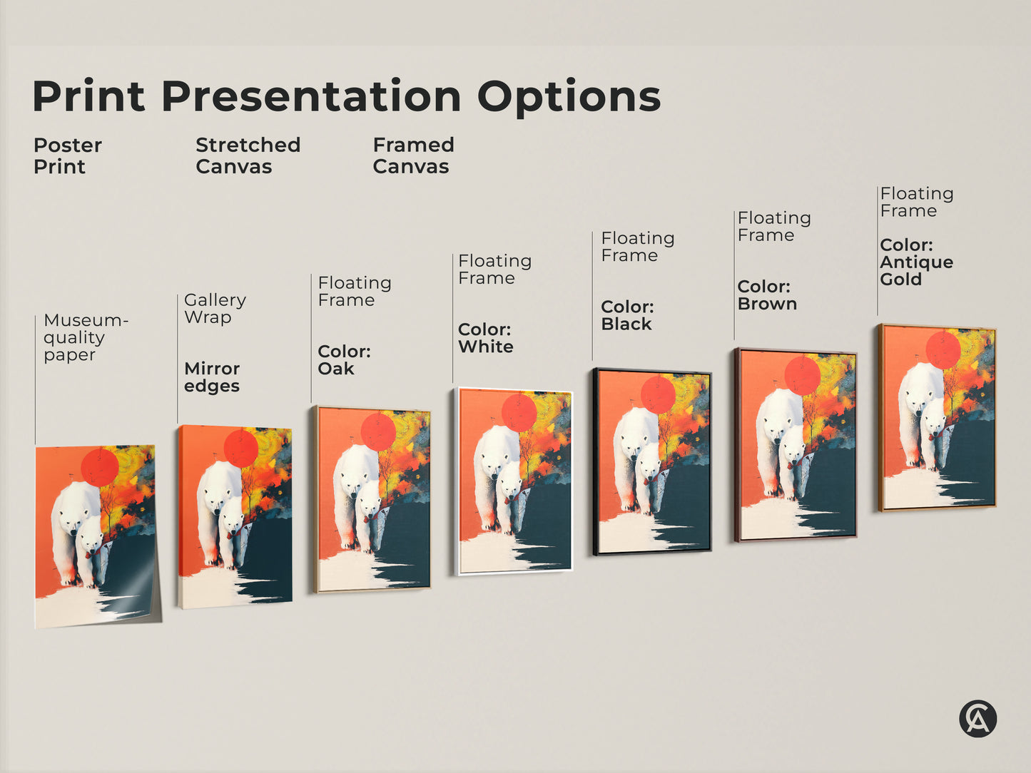 Explore our print presentation options showcasing abstract polar bear art. Choose from poster stretched and framed canvas. Find the perfect format to match your style. Elevate your space with modern wildlife wall artwork today.
