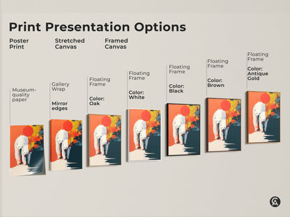 Explore our print presentation options showcasing abstract polar bear art. Choose from poster stretched and framed canvas. Find the perfect format to match your style. Elevate your space with modern wildlife wall artwork today.