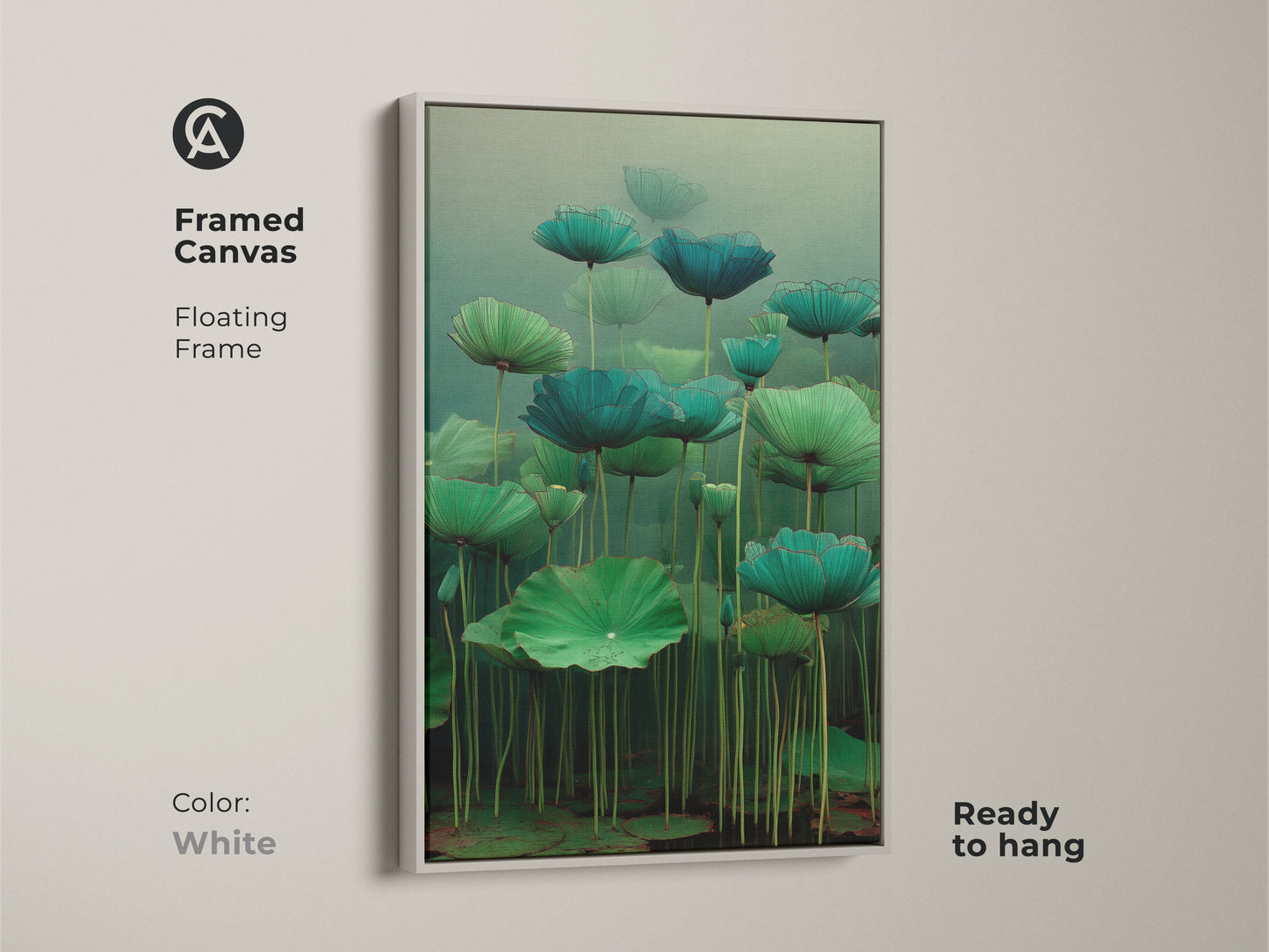Framed canvas of Emerald Zen Ink Lotus Wall Art in white. This teal water lily art features a floating frame. It's ready to hang. The zen ink botanical print adds a minimalist touch. This Japandi style wall decor is serene.