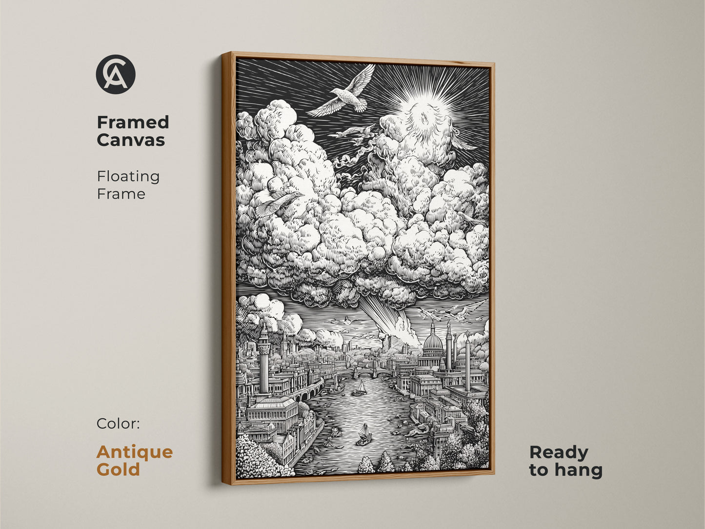 Framed canvas artwork presents a detailed London cityscape. The Thames River flows through intricate architecture. Clouds and a sunburst fill the sky. This antique gold framed canvas is ready to hang. Enhance your space with fine art.