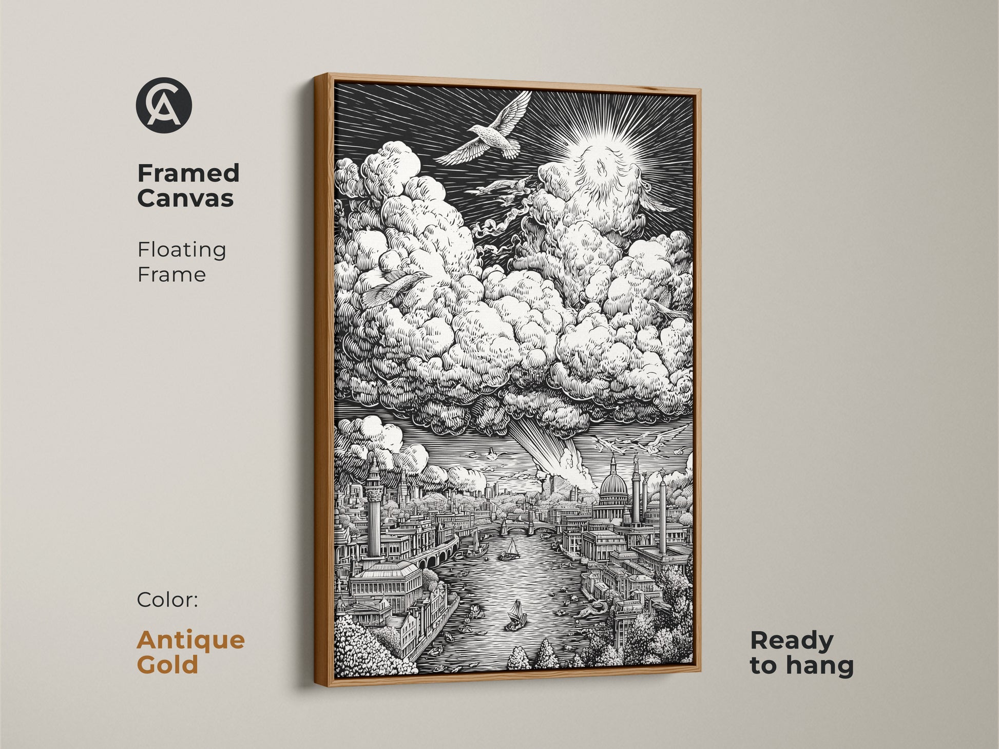 Framed canvas artwork presents a detailed London cityscape. The Thames River flows through intricate architecture. Clouds and a sunburst fill the sky. This antique gold framed canvas is ready to hang. Enhance your space with fine art.
