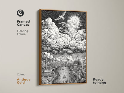 Framed canvas artwork presents a detailed London cityscape. The Thames River flows through intricate architecture. Clouds and a sunburst fill the sky. This antique gold framed canvas is ready to hang. Enhance your space with fine art.