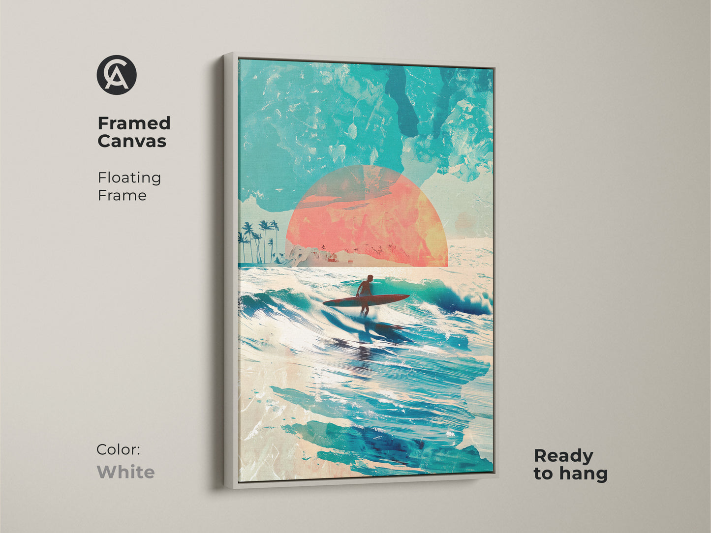 Framed canvas art in a white floating frame. This artwork shows a surfer riding a wave into the sunset. The canvas is ready to hang. The white frame provides a clean modern look to this beach themed artwork.