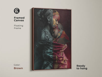 Elevate your space with this framed canvas print featuring an African mother and child. The floating brown frame complements the tribal fusion artwork. This contemporary piece is ready to hang and enjoy. Its red gold and teal color palette adds sophistication. An ideal family artwork.