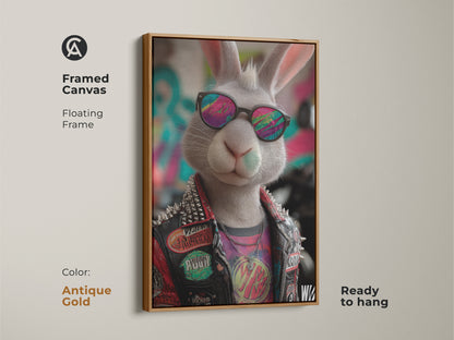 Framed canvas of punk rock bunny art in an antique gold floating frame. A cool bunny sports sunglasses and a studded jacket. Ready to hang animal artwork adds an edgy touch. Ideal for teen rooms or man caves. This unique gift is perfect for lovers of alternative art. Buy today