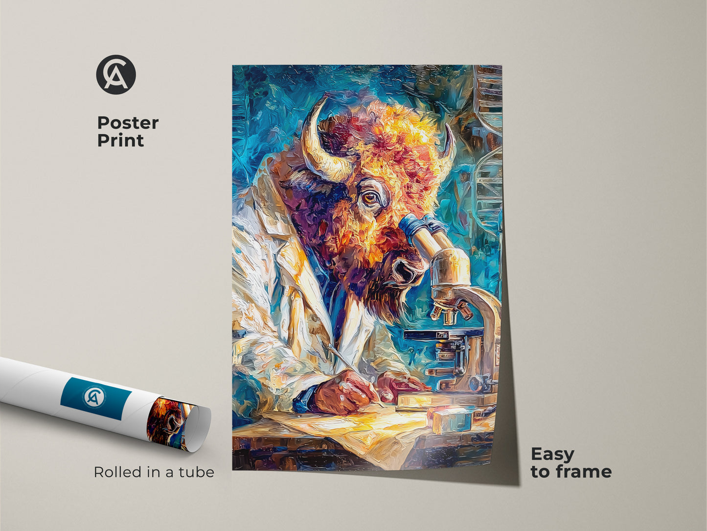 A poster print displays a buffalo scientist at work. He is using a microscope. Rolled in a tube for easy framing. The textured style adds depth. It's a great way to add personality to your walls. This art combines nature and scientific curiosity. It's museum-quality paper.