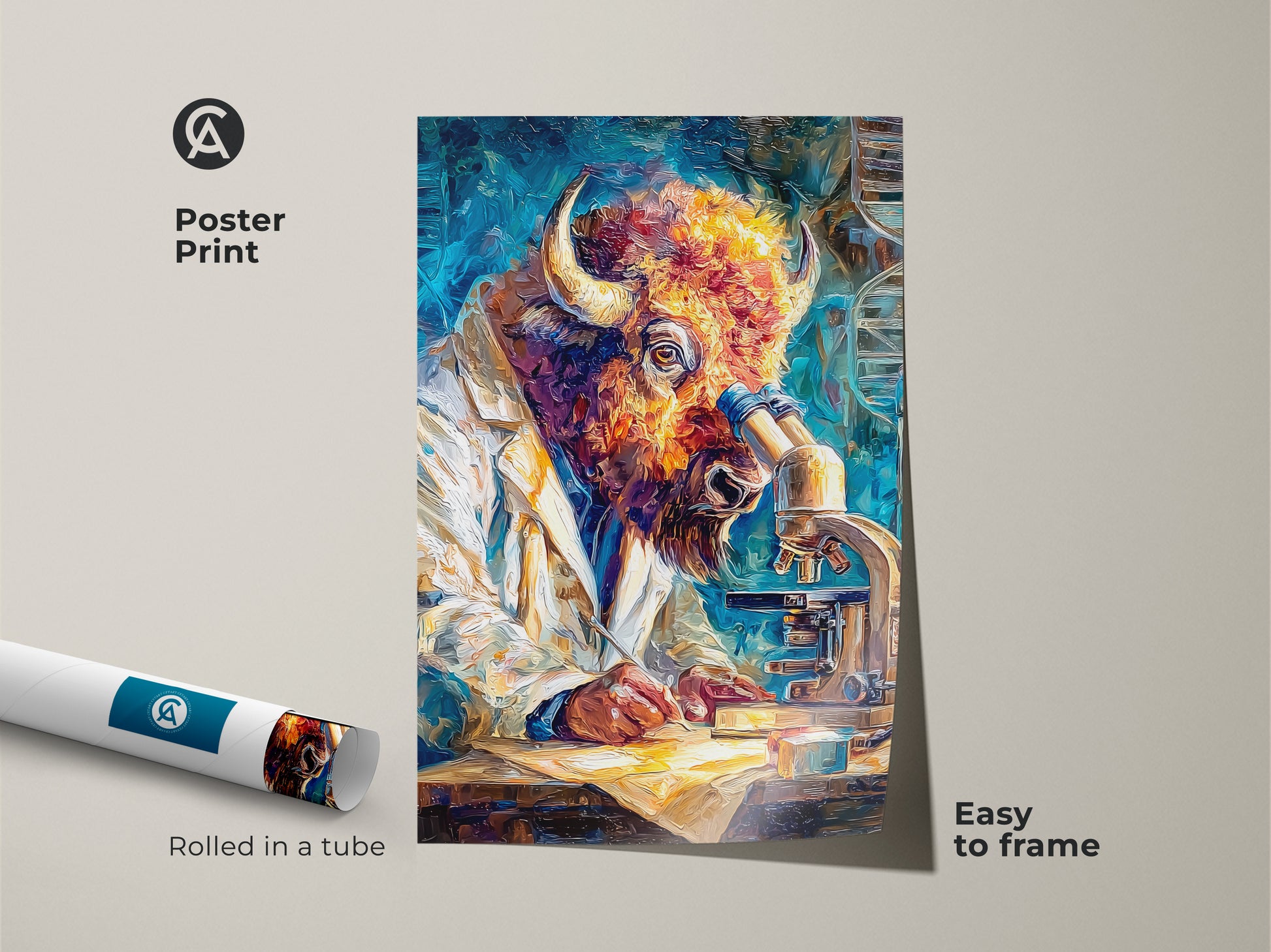 A poster print displays a buffalo scientist at work. He is using a microscope. Rolled in a tube for easy framing. The textured style adds depth. It's a great way to add personality to your walls. This art combines nature and scientific curiosity. It's museum-quality paper.