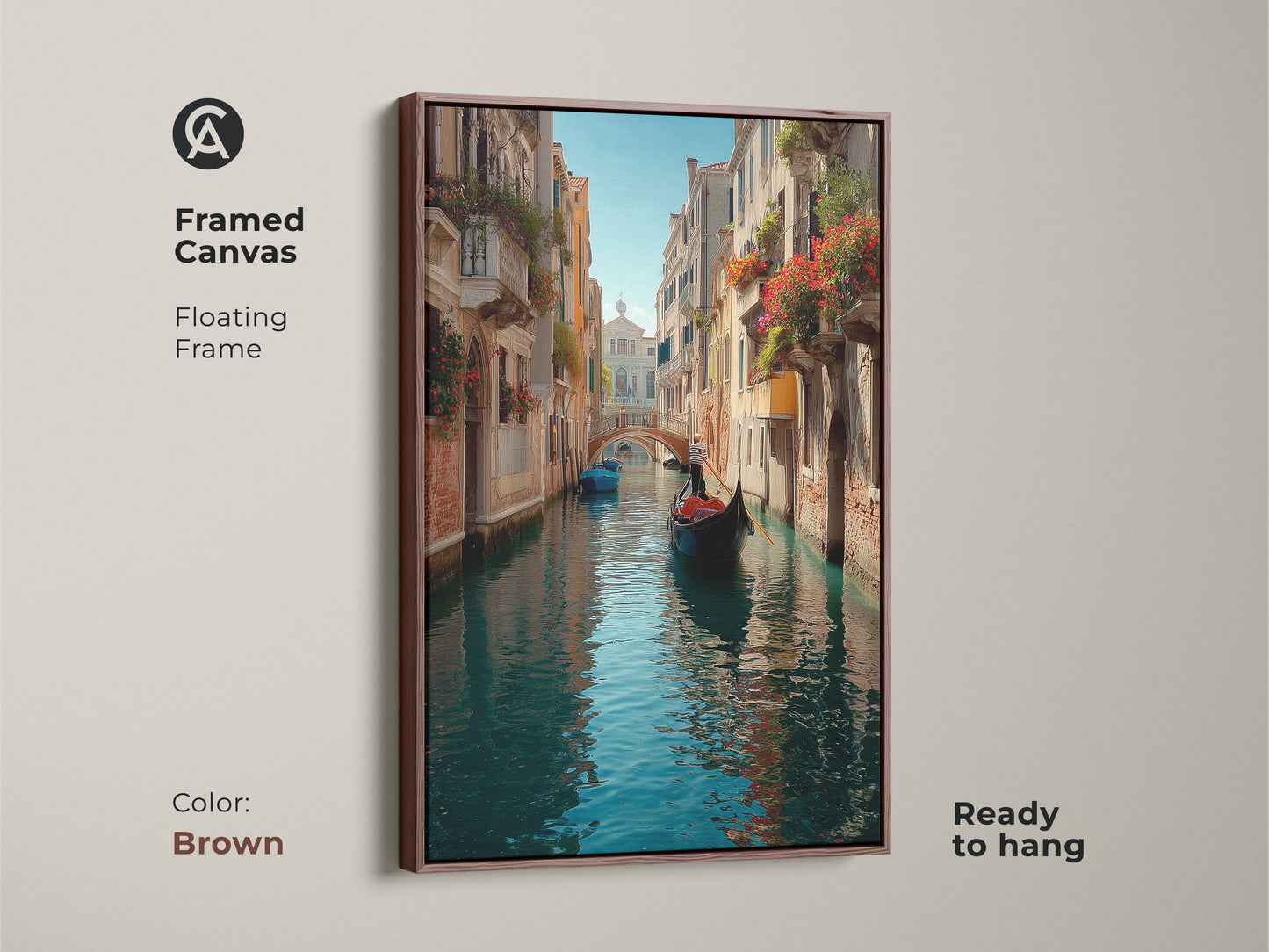 Framed canvas with a brown floating frame displaying Venice canal art. This artwork features a gondola boat print with blue and teal tones. Ready to hang in your home. Enjoy the romantic cityscape.