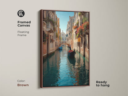 Framed canvas with a brown floating frame displaying Venice canal art. This artwork features a gondola boat print with blue and teal tones. Ready to hang in your home. Enjoy the romantic cityscape.