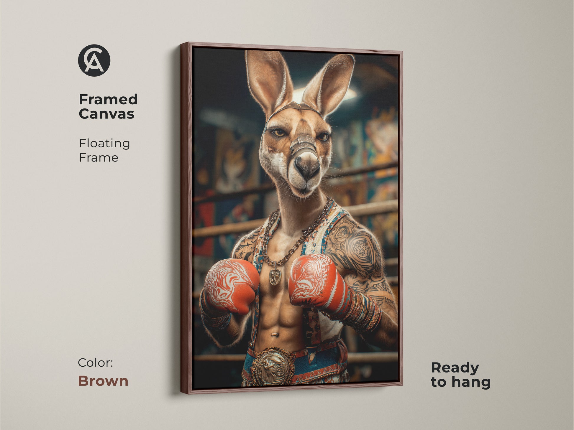 This framed canvas showcases a surreal kangaroo boxer. The tattoo art style of this art adds a unique touch to any room. The brown floating frame complements the eclectic animal wall art making it a great addition to your home. This piece is ready to hang.