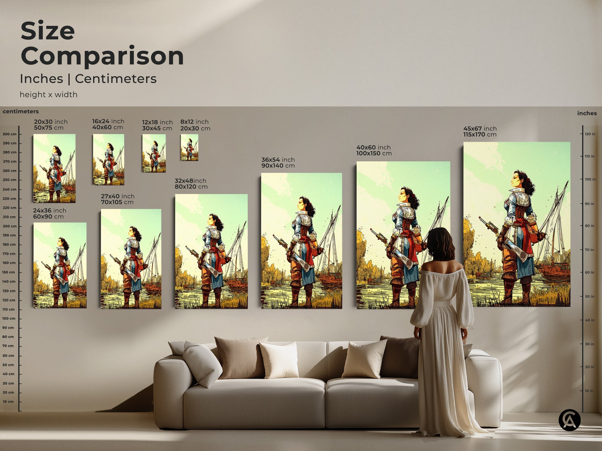Size Comparison: inches and centimeters featuring a Female Pirate Captain with Sailing Ship. Artwork ranges from 20x30 cm to 45x67 inches. This visual guide shows how the artwork fits in different sizes in relation to a sofa and a person.