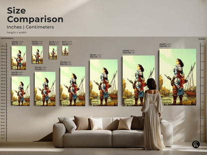 Size Comparison: inches and centimeters featuring a Female Pirate Captain with Sailing Ship. Artwork ranges from 20x30 cm to 45x67 inches. This visual guide shows how the artwork fits in different sizes in relation to a sofa and a person.
